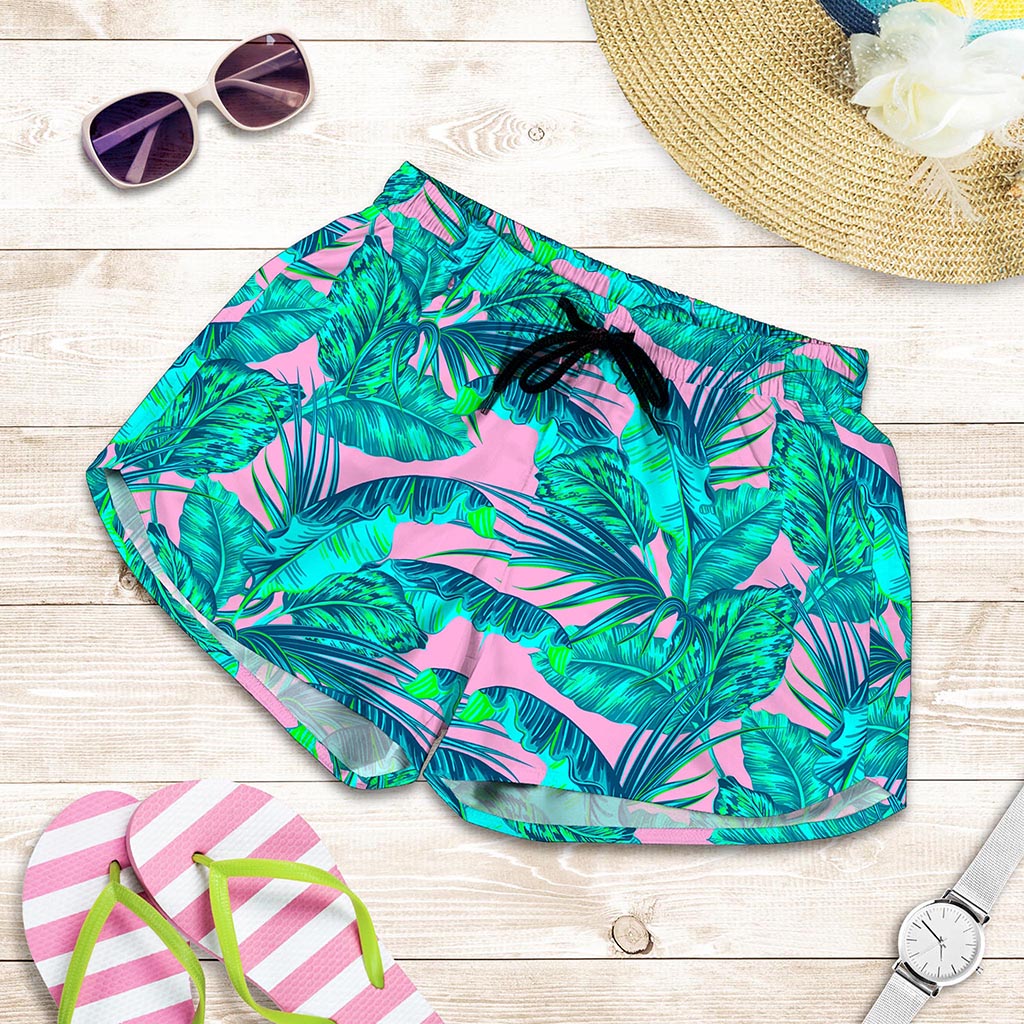 Pink Teal Tropical Leaf Pattern Print Women's Shorts