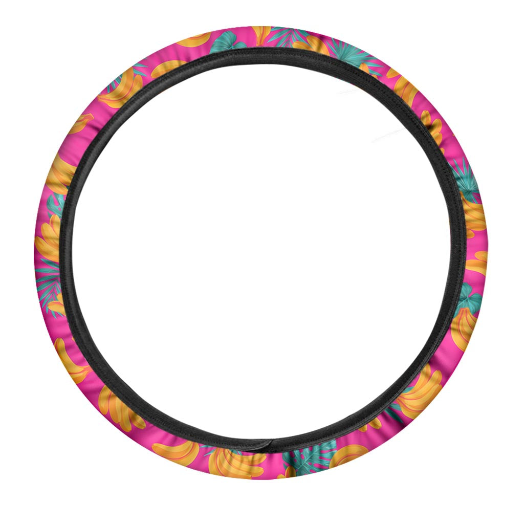 Pink Tropical Banana Pattern Print Car Steering Wheel Cover