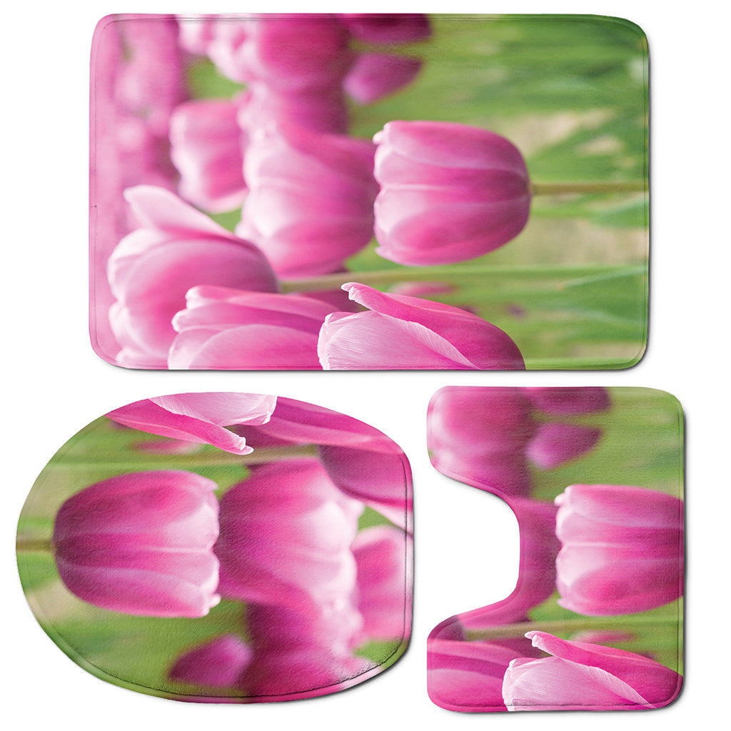 Pink Tulip Print 3 Piece Bath Mat Set