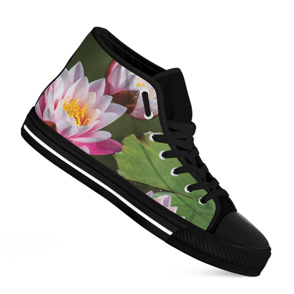 Pink Water Lilies Print Black High Top Shoes
