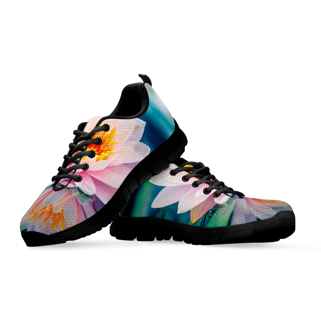 Pink Water Lily Print Black Sneakers