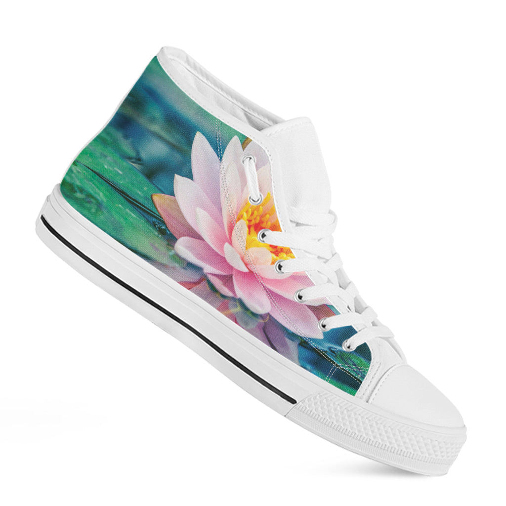 Pink Water Lily Print White High Top Shoes