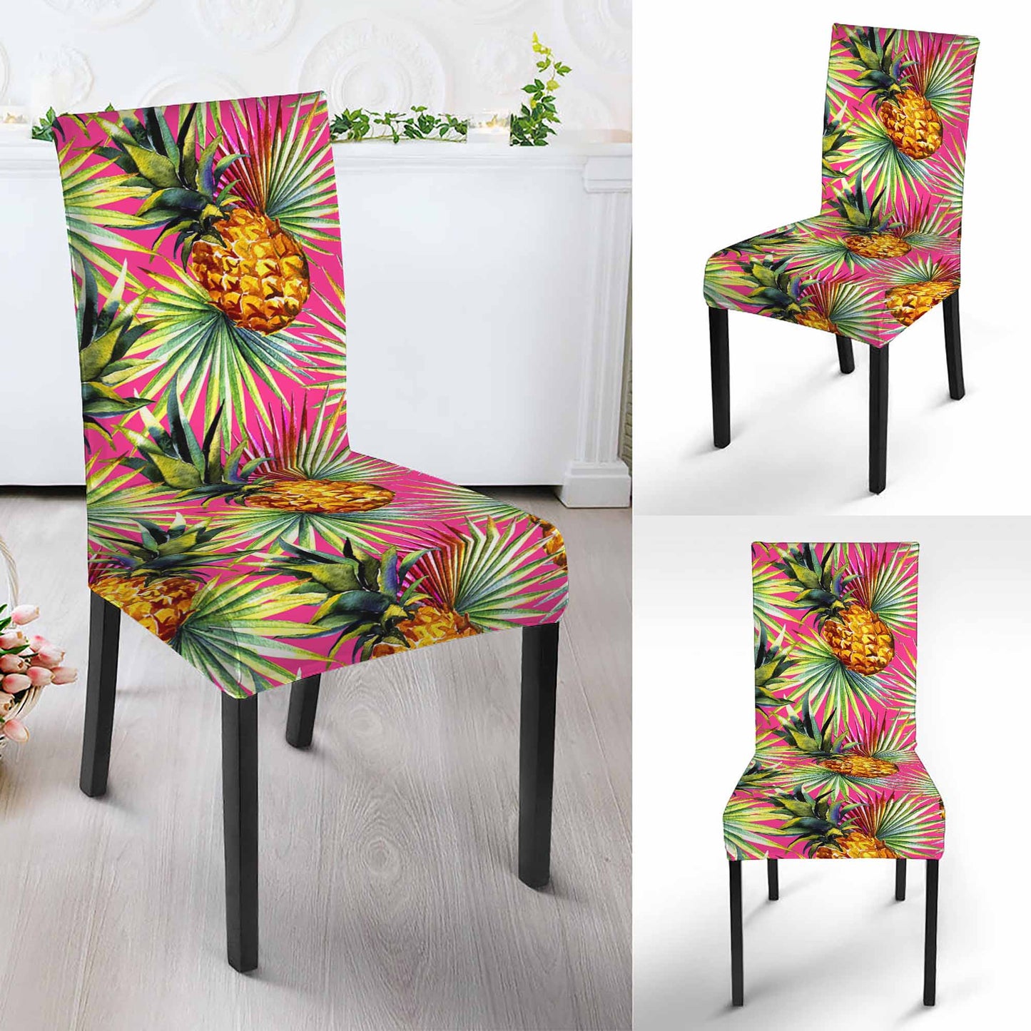 Pink Watercolor Pineapple Pattern Print Dining Chair Slipcover