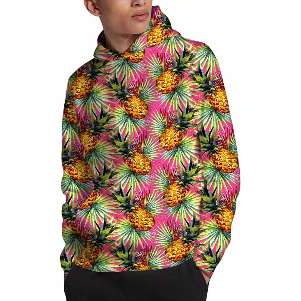 Pink Watercolor Pineapple Pattern Print Pullover Hoodie