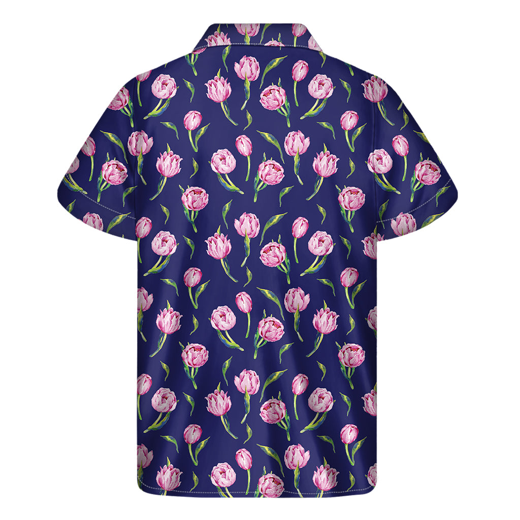 Pink Watercolor Tulip Flower Print Men's Short Sleeve Shirt