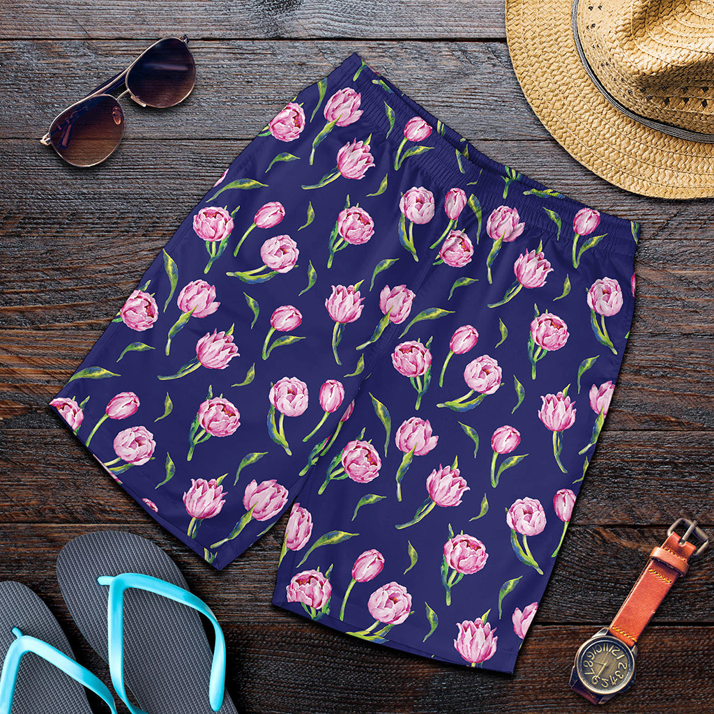 Pink Watercolor Tulip Flower Print Men's Shorts