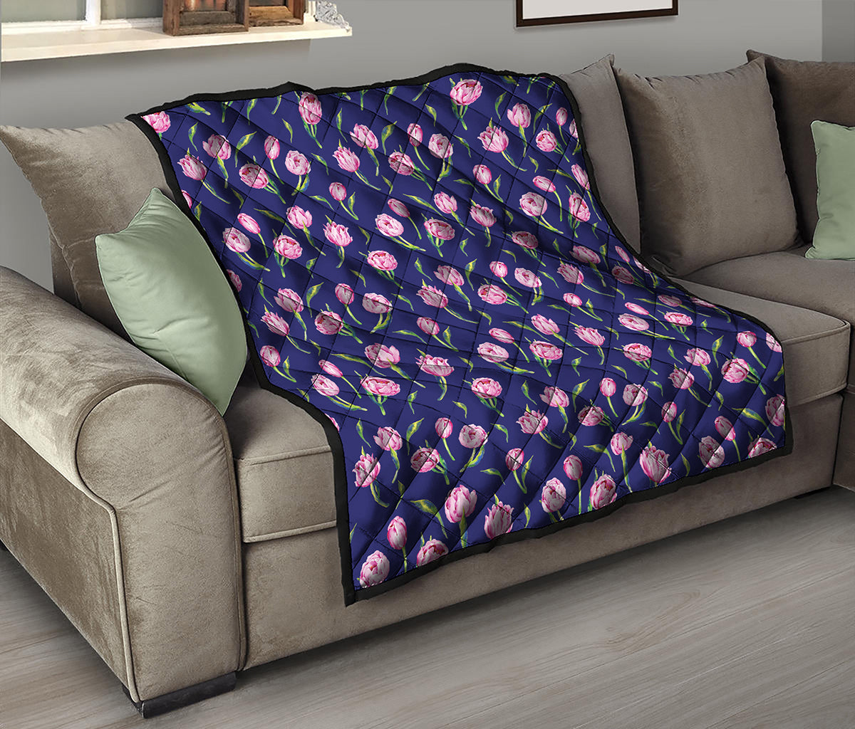 Pink Watercolor Tulip Flower Print Quilt