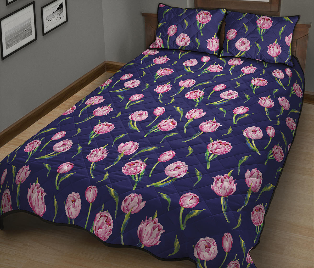 Pink Watercolor Tulip Flower Print Quilt Bed Set
