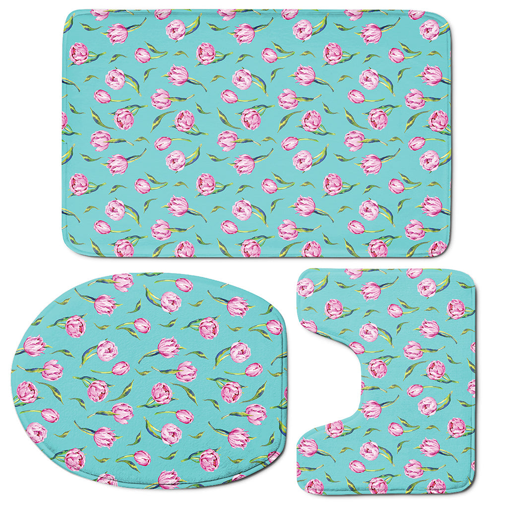 Pink Watercolor Tulip Pattern Print 3 Piece Bath Mat Set