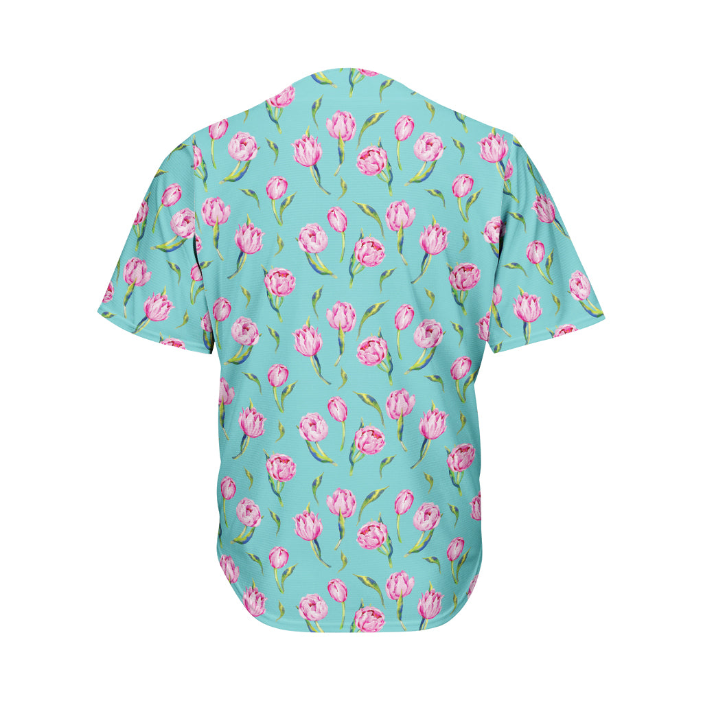Pink Watercolor Tulip Pattern Print Men's Baseball Jersey