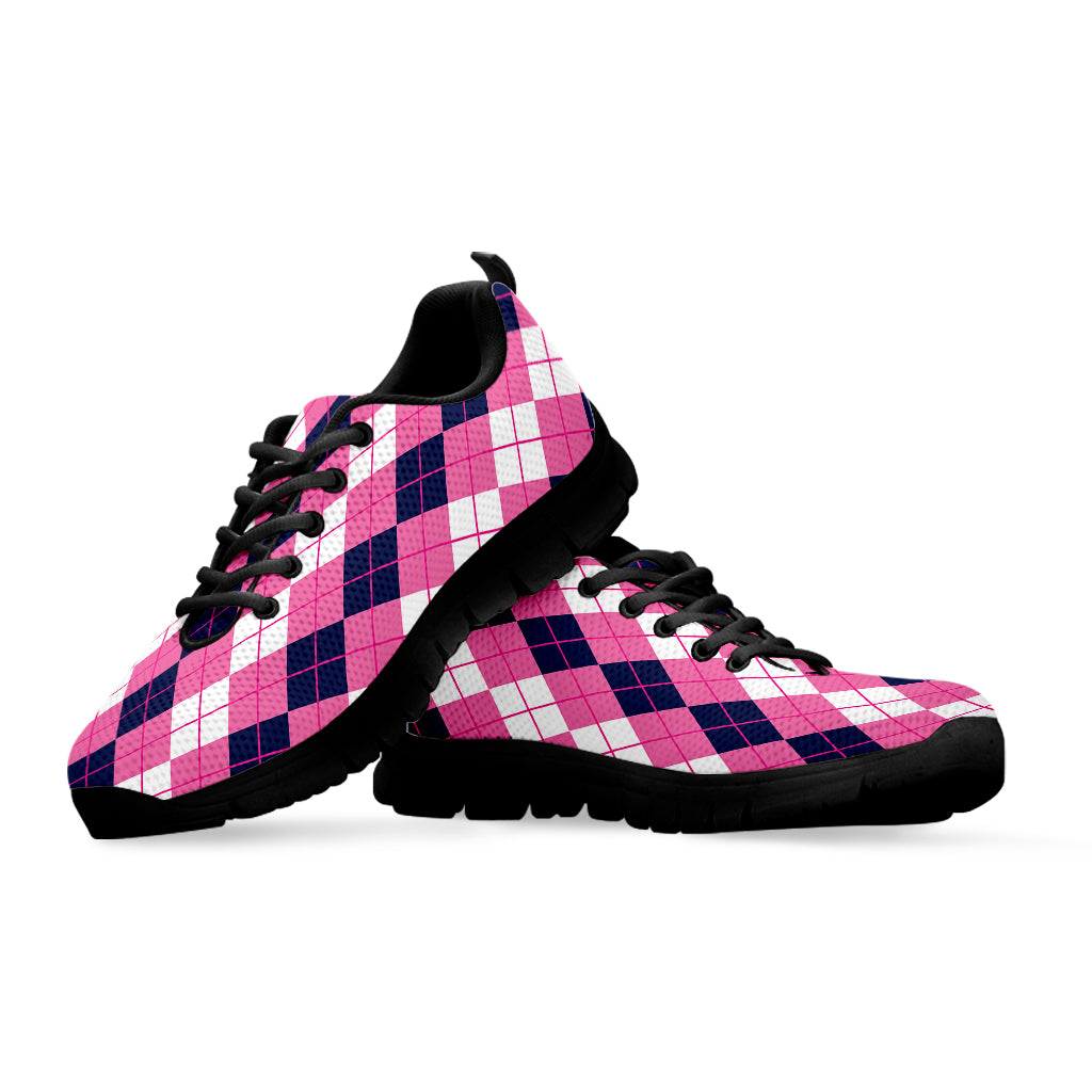 Pink White And Blue Argyle Pattern Print Black Sneakers