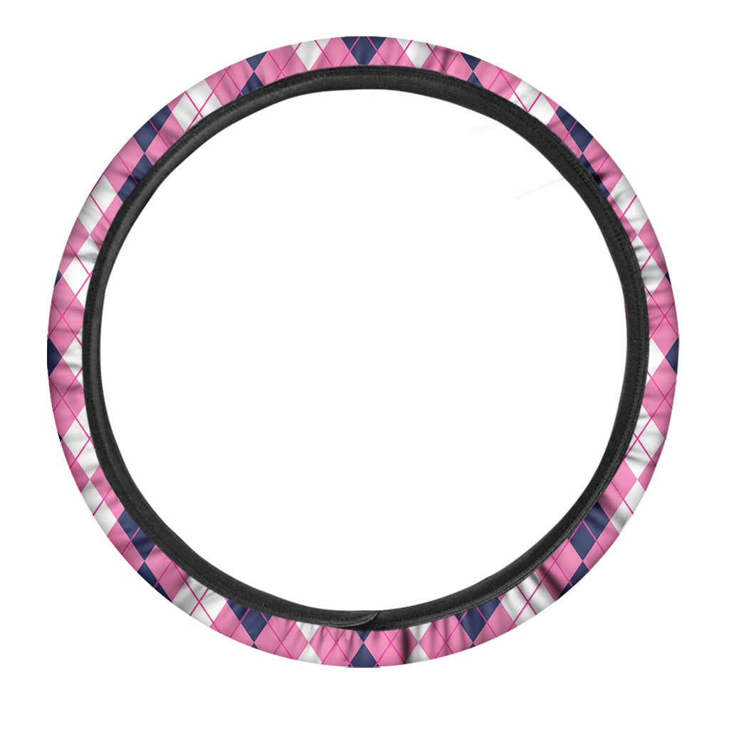 Pink White And Blue Argyle Pattern Print Car Steering Wheel Cover