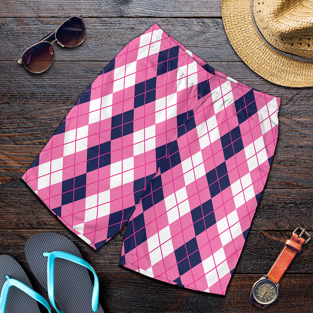 Pink White And Blue Argyle Pattern Print Men's Shorts