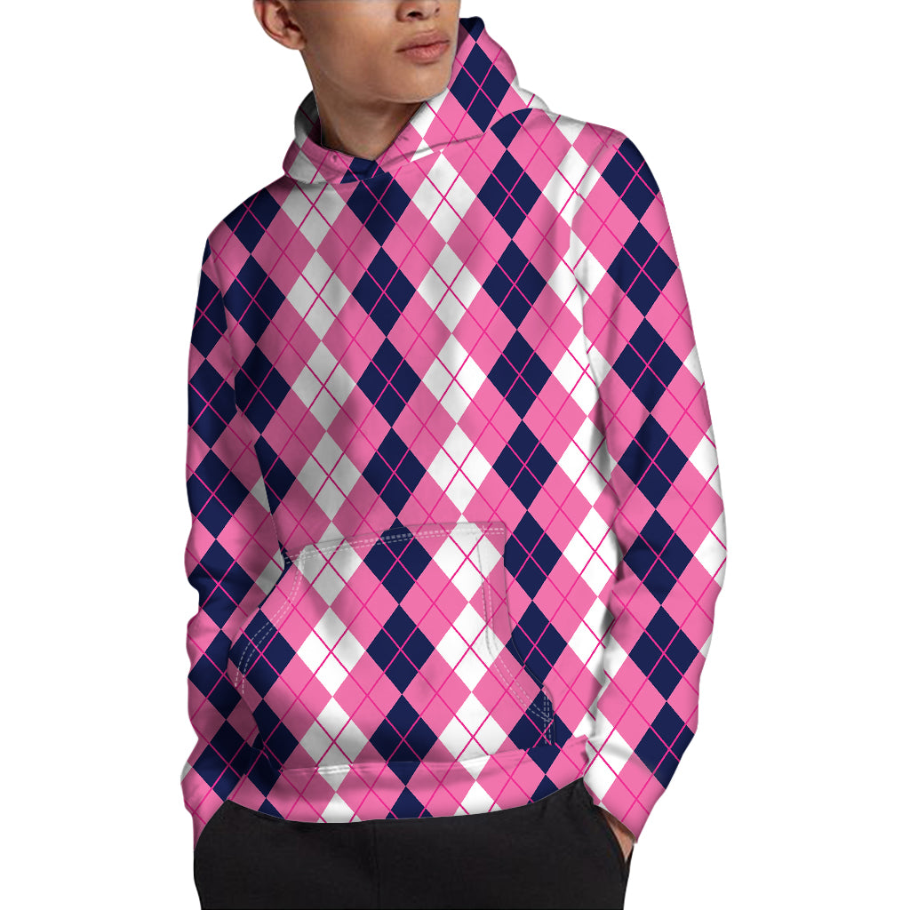 Pink White And Blue Argyle Pattern Print Pullover Hoodie