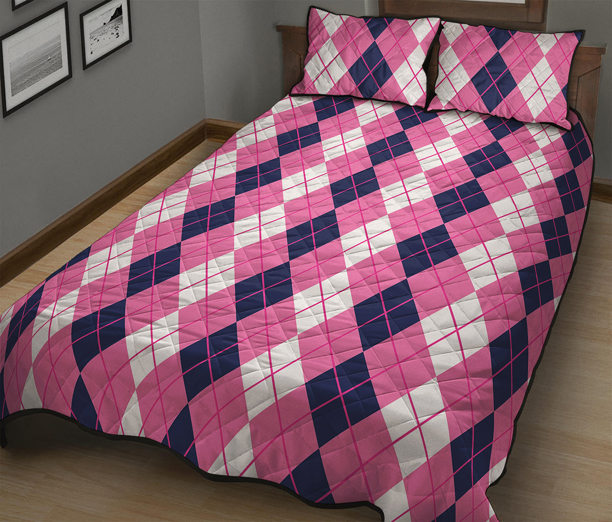 Pink White And Blue Argyle Pattern Print Quilt Bed Set