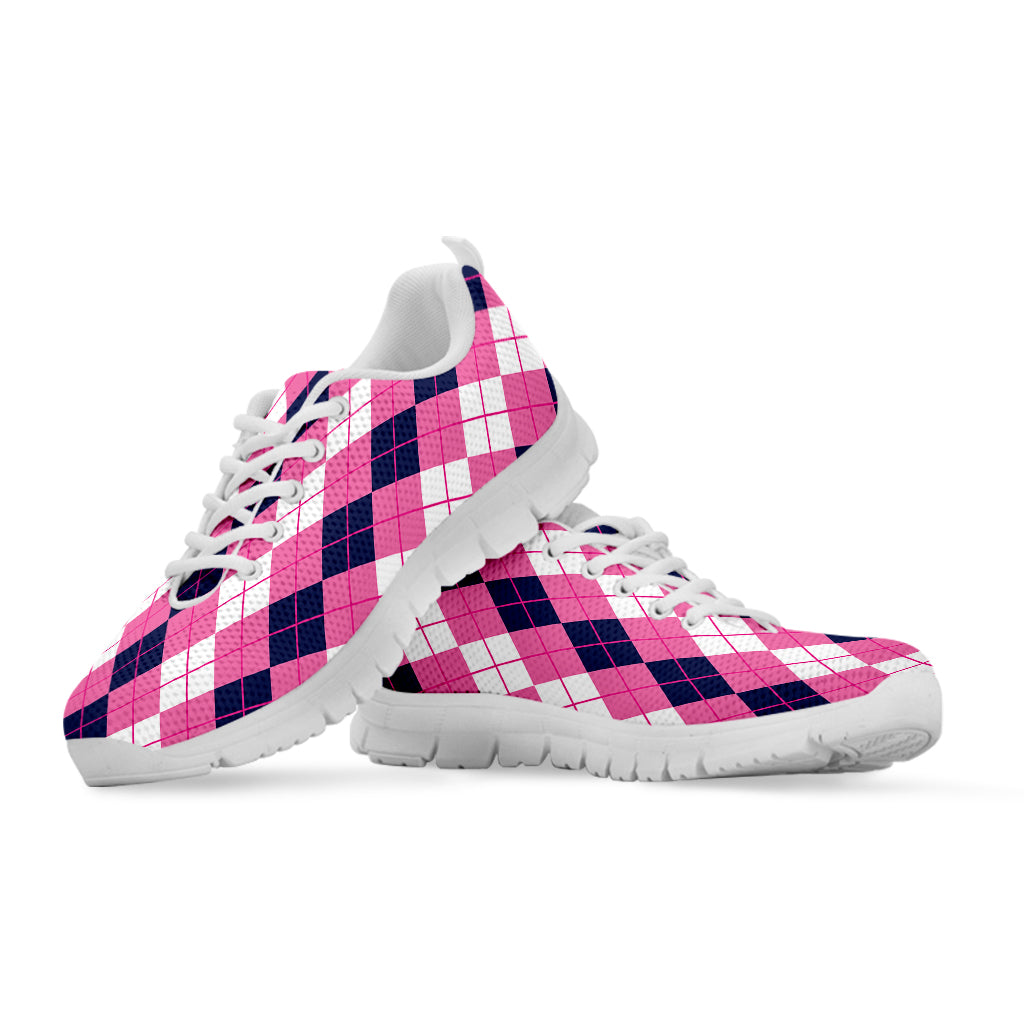 Pink White And Blue Argyle Pattern Print White Sneakers