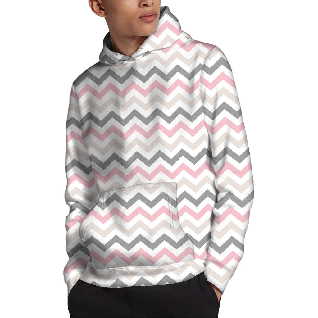 Pink White And Grey Chevron Print Pullover Hoodie