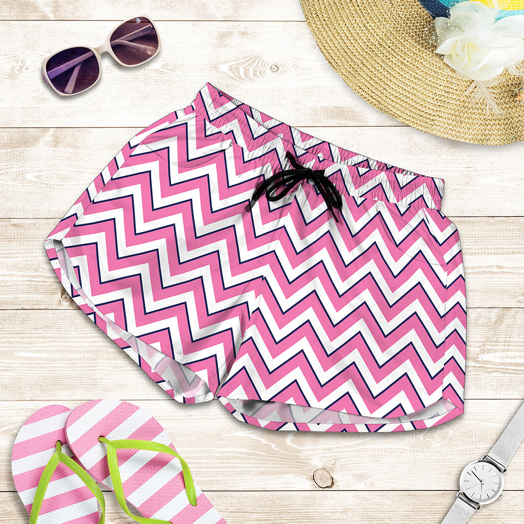 Pink White And Navy Chevron Print Women's Shorts