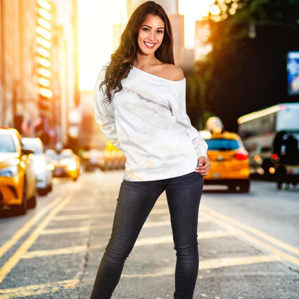 Pink White Grey Marble Print Off Shoulder Sweatshirt GearFrost