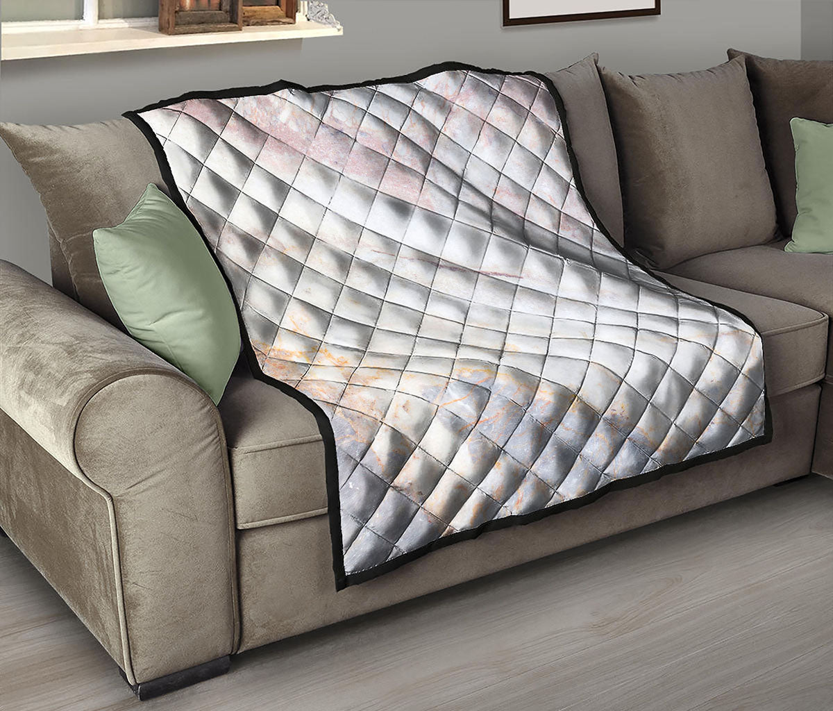 Pink White Grey Marble Print Quilt