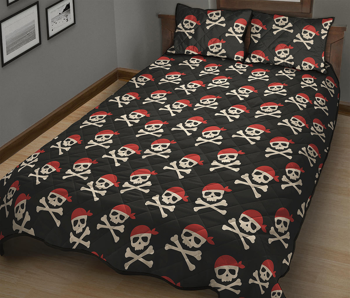 Pirate Skull Crossbones Pattern Print Quilt Bed Set