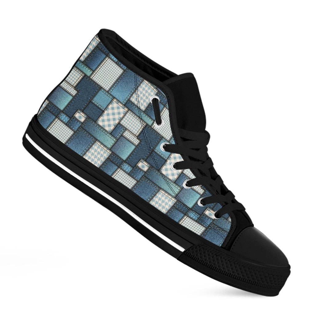 Plaid And Denim Patchwork Pattern Print Black High Top Shoes