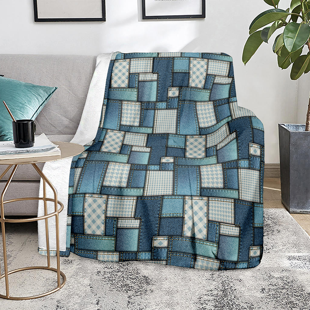 Plaid And Denim Patchwork Pattern Print Blanket