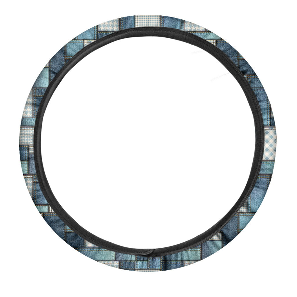Plaid And Denim Patchwork Pattern Print Car Steering Wheel Cover