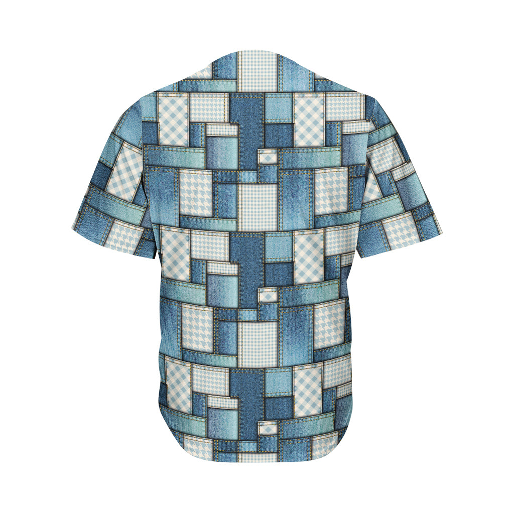 Plaid And Denim Patchwork Pattern Print Men's Baseball Jersey