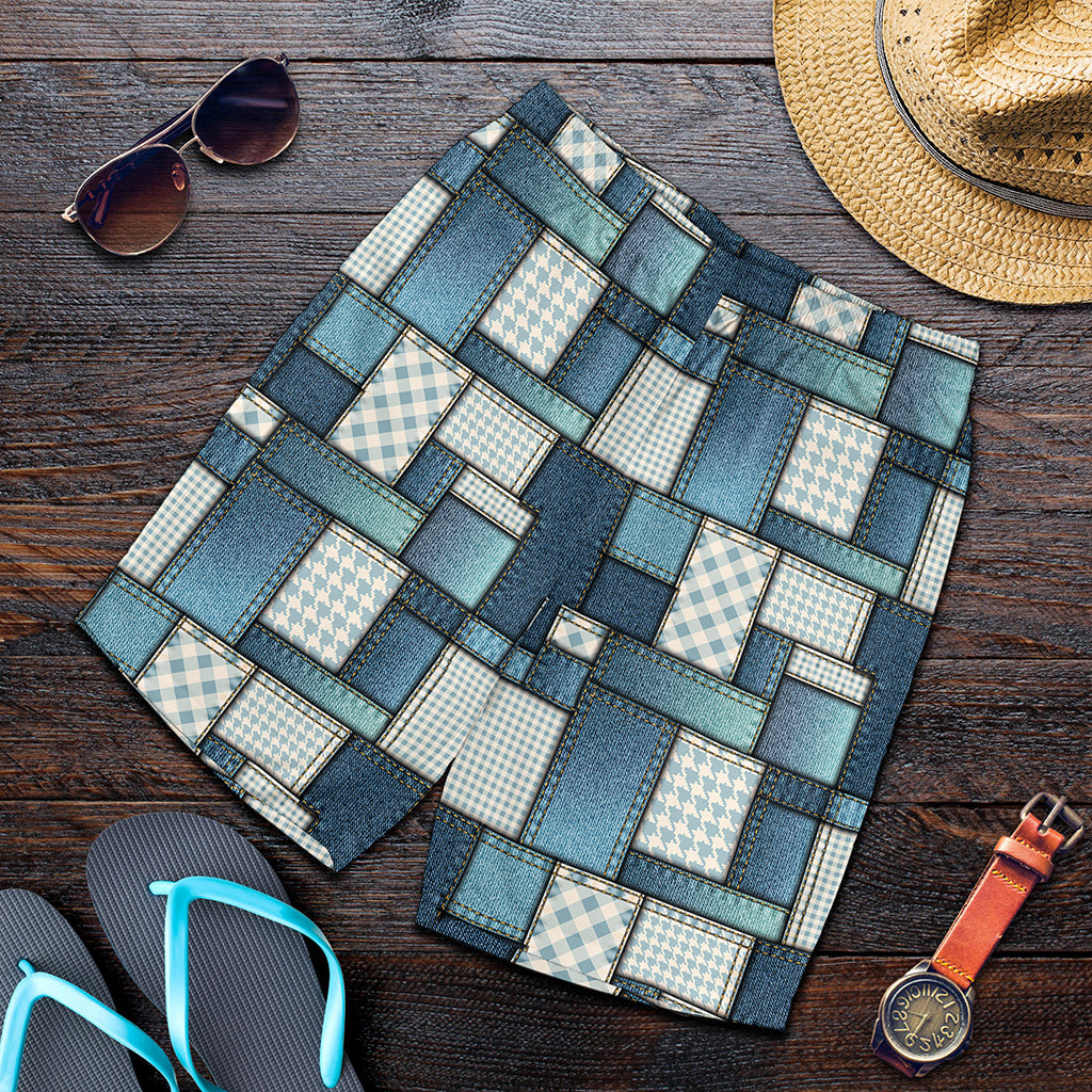 Plaid And Denim Patchwork Pattern Print Men's Shorts