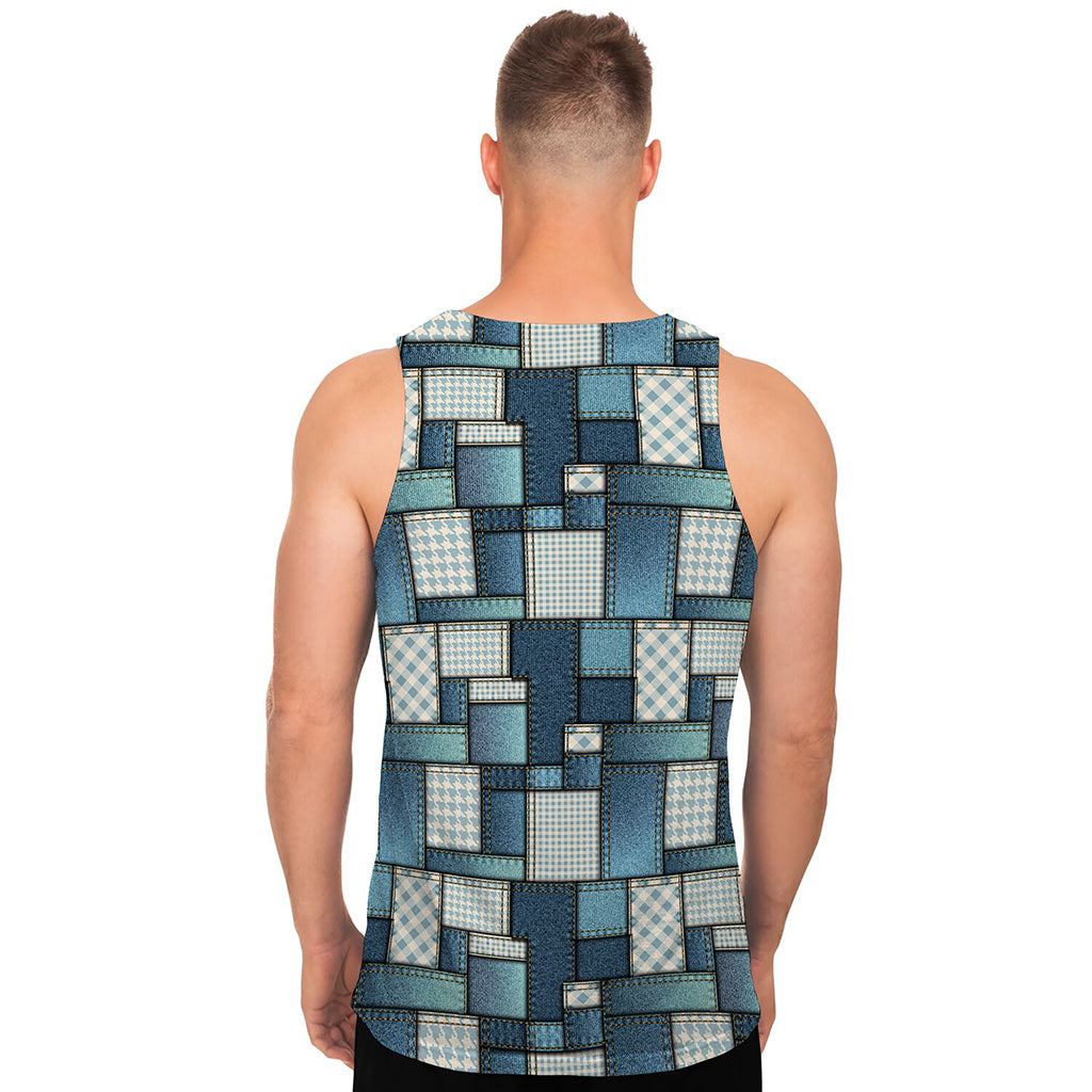 Plaid And Denim Patchwork Pattern Print Men's Tank Top