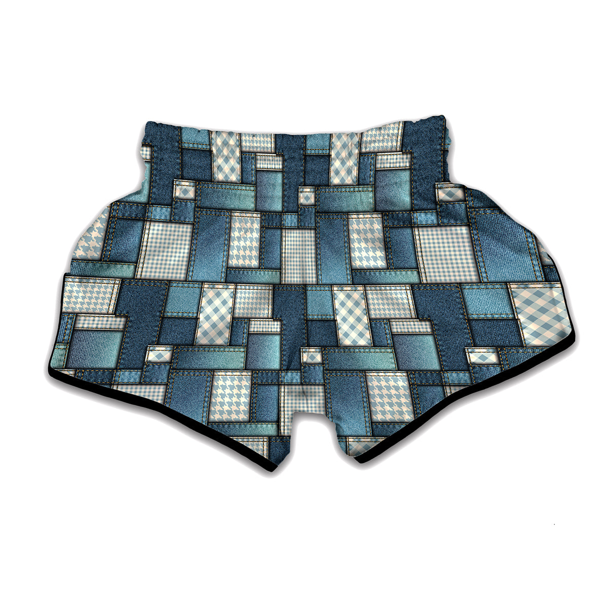 Plaid And Denim Patchwork Pattern Print Muay Thai Boxing Shorts