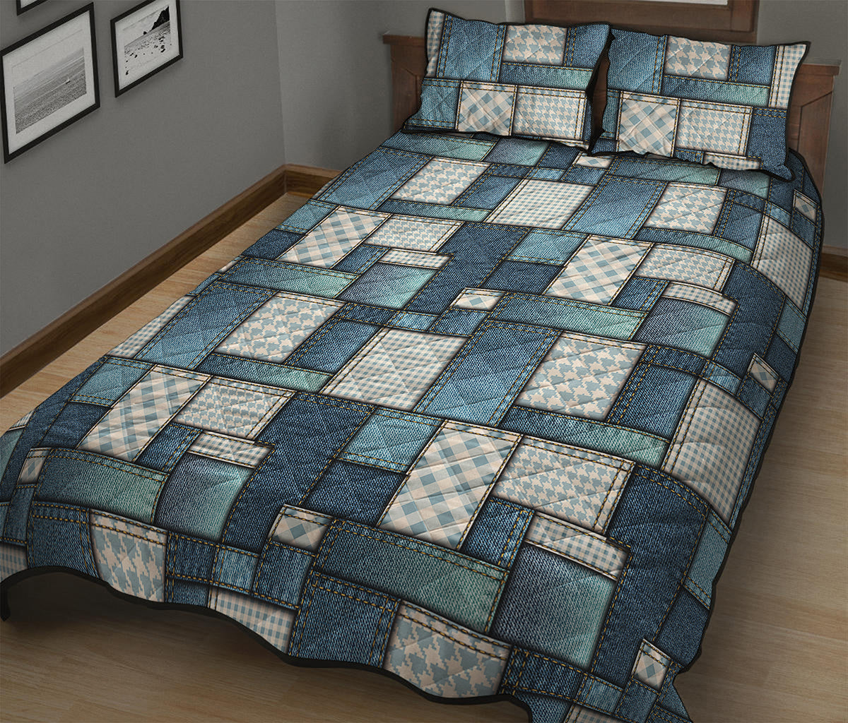 Plaid And Denim Patchwork Pattern Print Quilt Bed Set