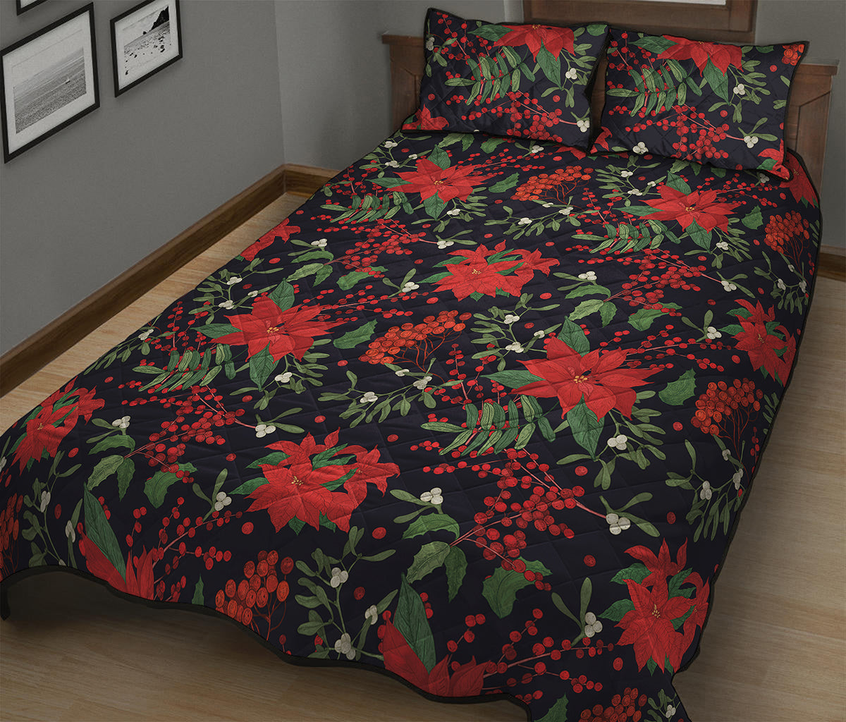 Poinsettia Flower Pattern Print Quilt Bed Set