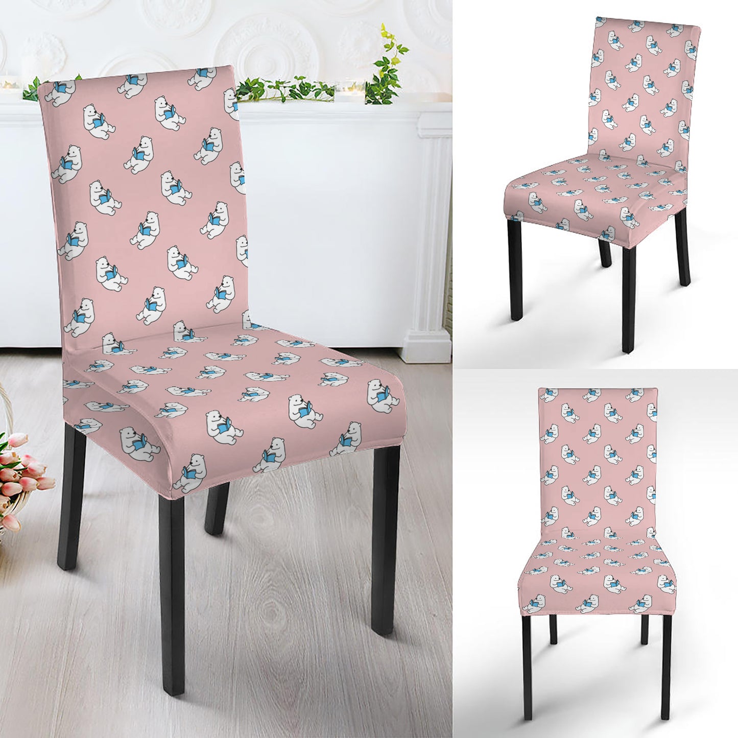 Polar Bear Reading Book Pattern Print Dining Chair Slipcover