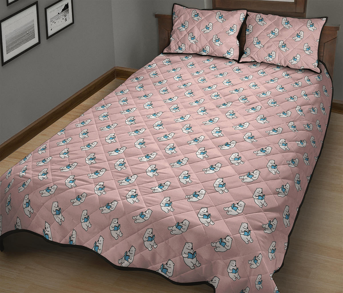 Polar Bear Reading Book Pattern Print Quilt Bed Set