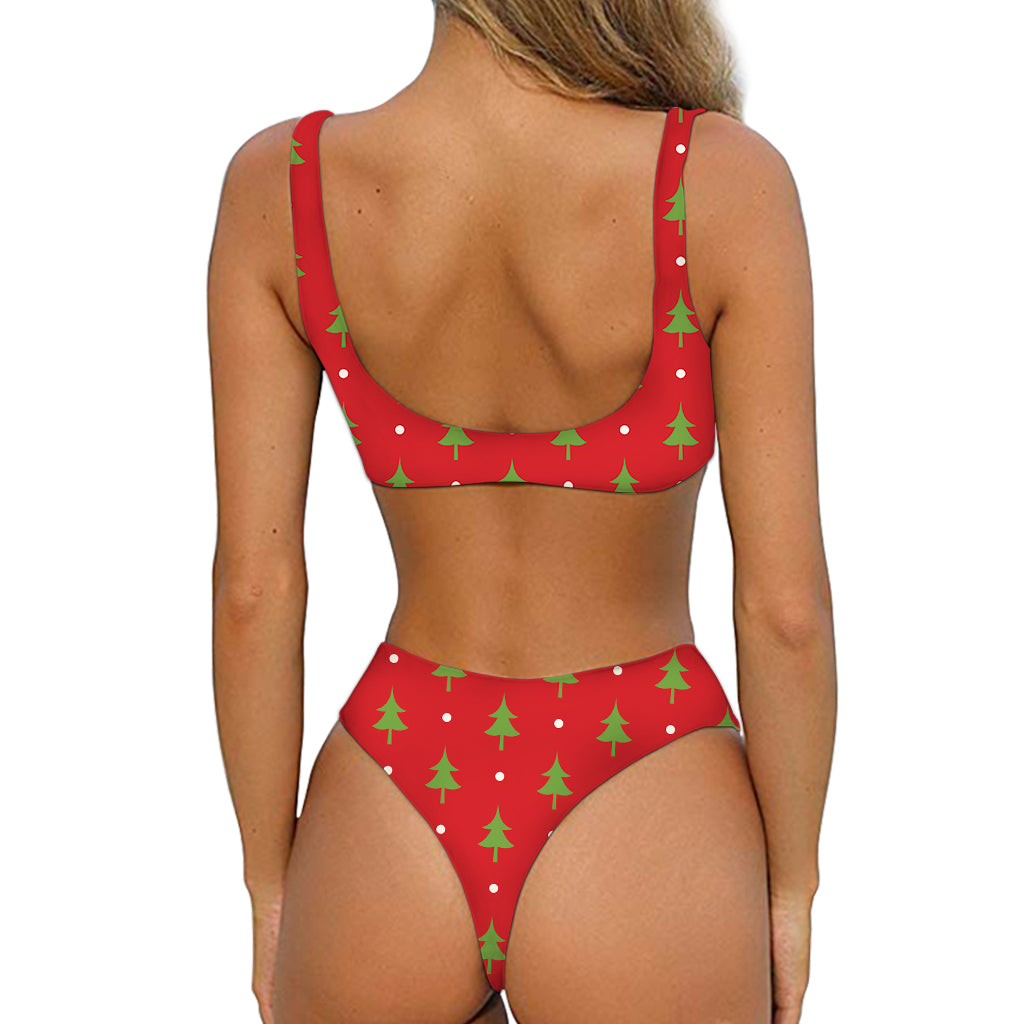 Polka Dot Christmas Tree Pattern Print Front Bow Tie Bikini