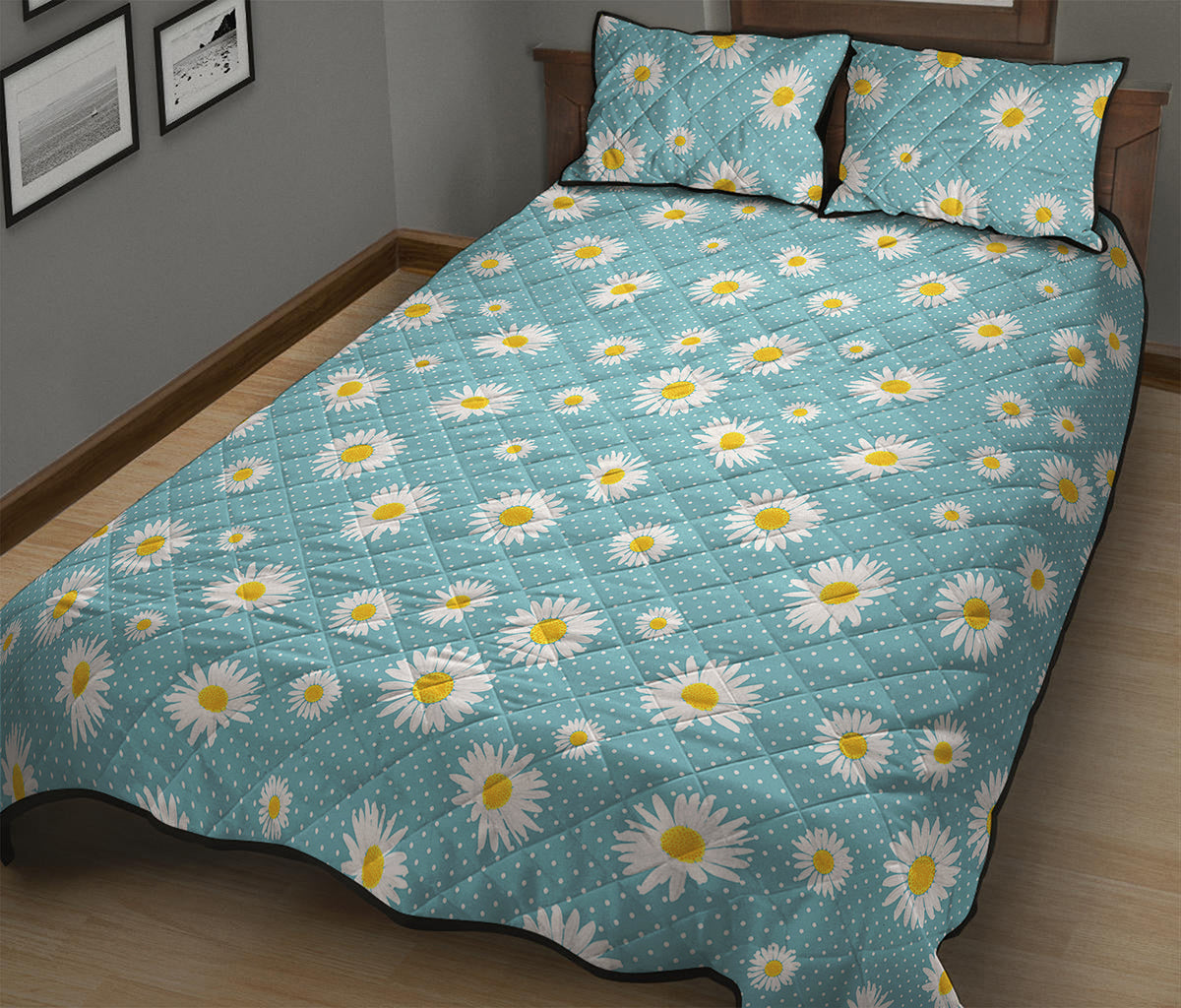 Polka Dot Daisy Flower Pattern Print Quilt Bed Set