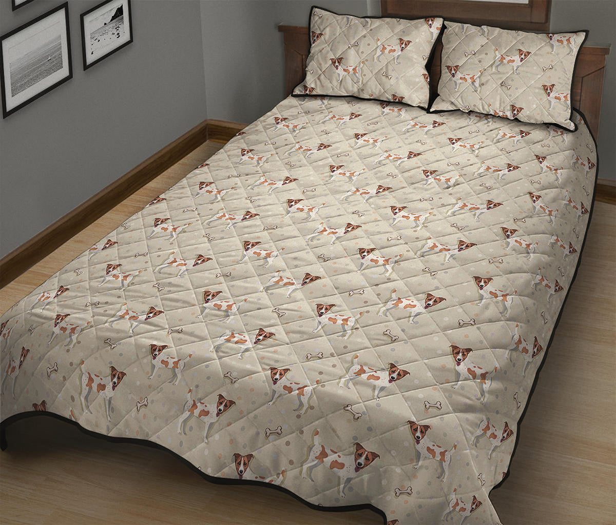 Polka Dot Jack Russell Terrier Print Quilt Bed Set