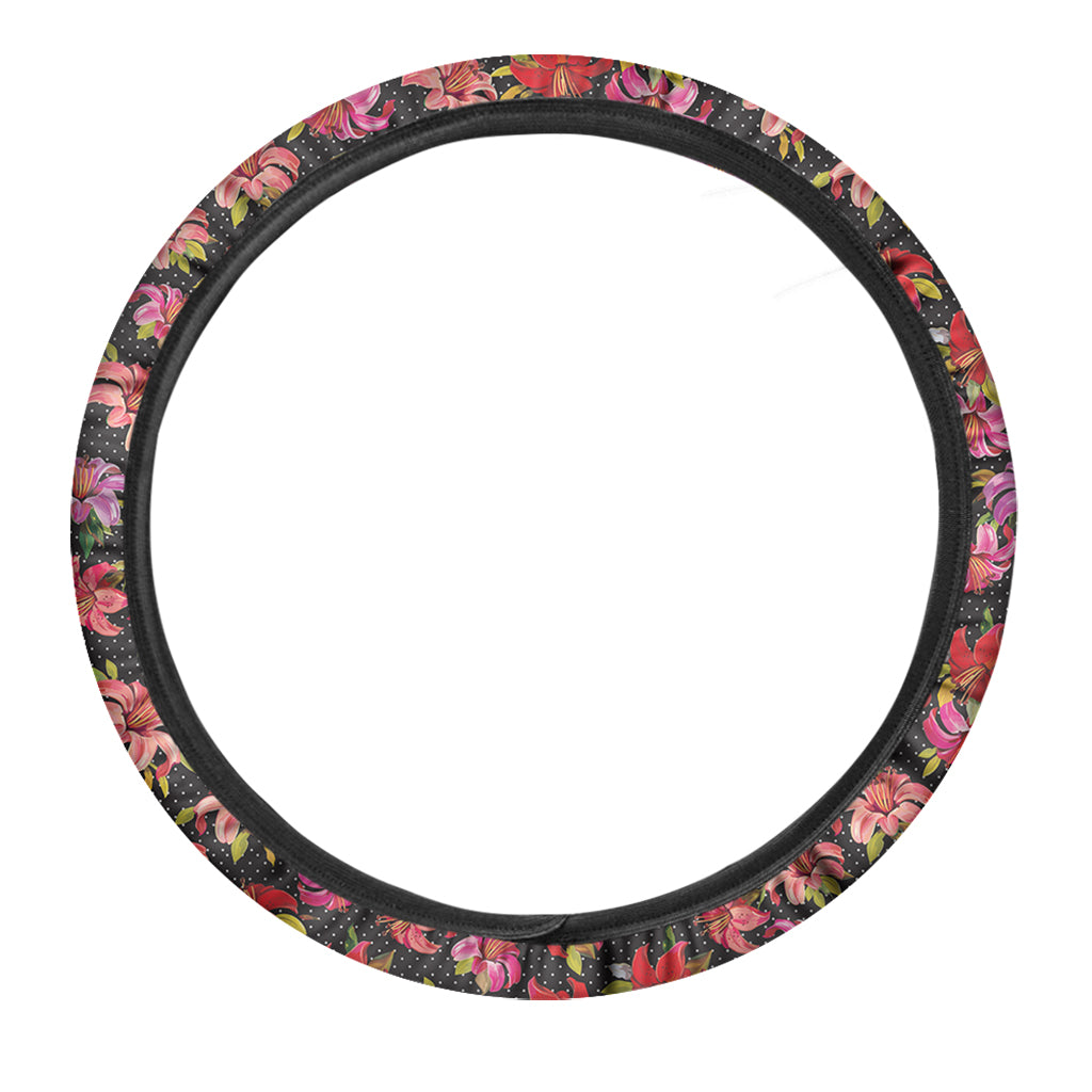 Polka Dot Lily Pattern Print Car Steering Wheel Cover