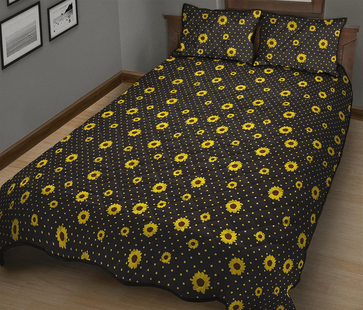 Polka Dot Sunflower Pattern Print Quilt Bed Set