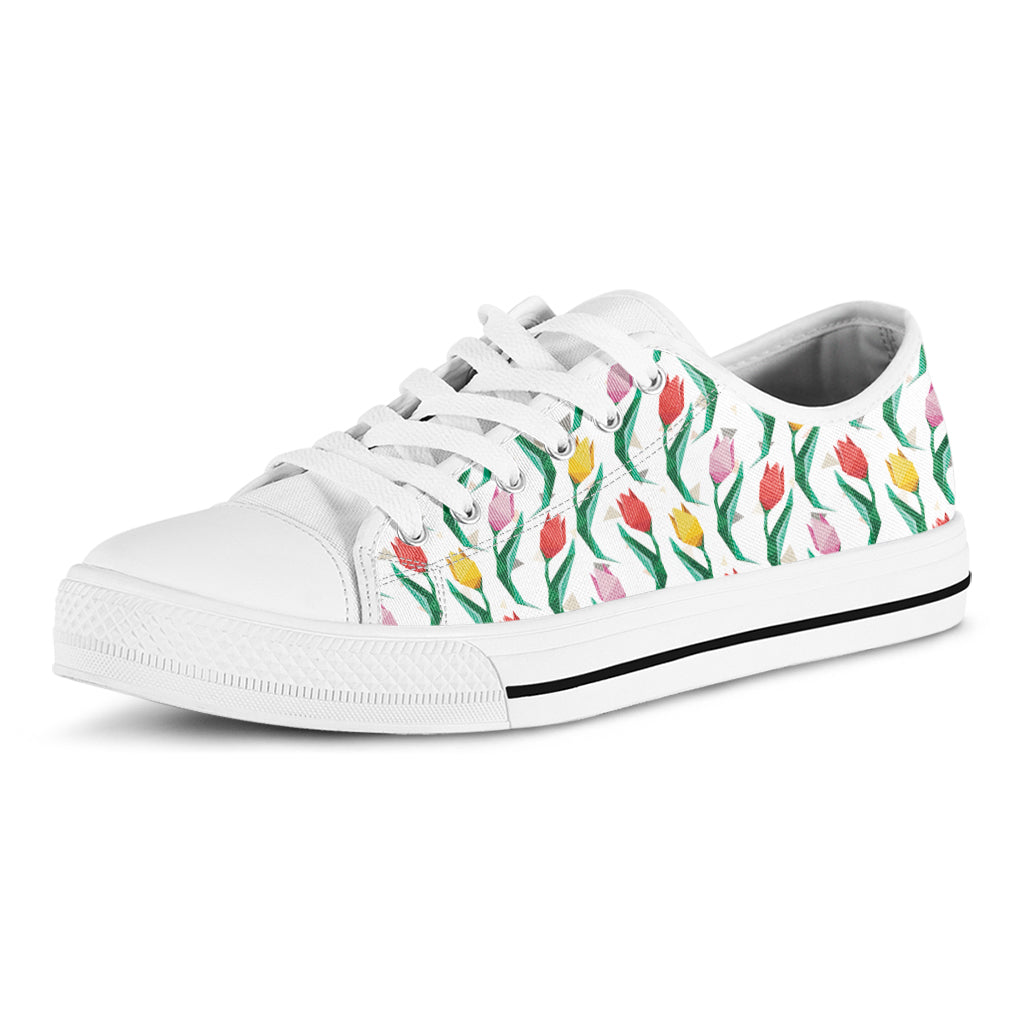 Polygon Tulip Pattern Print White Low Top Shoes