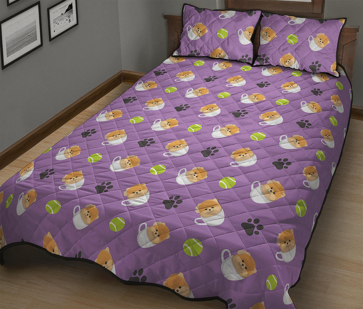 Pomeranian In Tea Cup Pattern Print Quilt Bed Set
