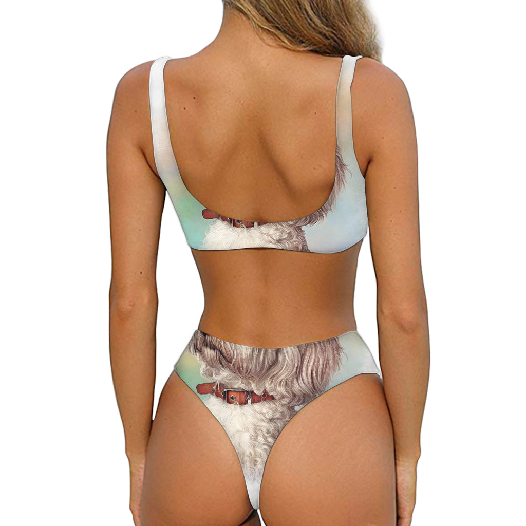 Poodle Portrait Print Front Bow Tie Bikini