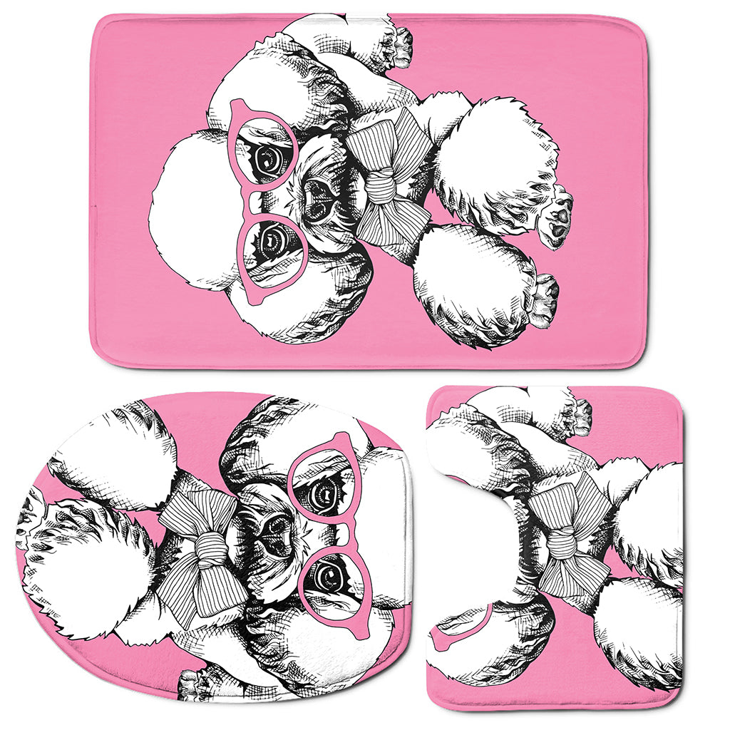 Poodle With Glasses Print 3 Piece Bath Mat Set