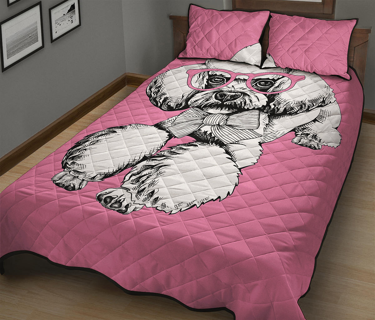 Poodle With Glasses Print Quilt Bed Set