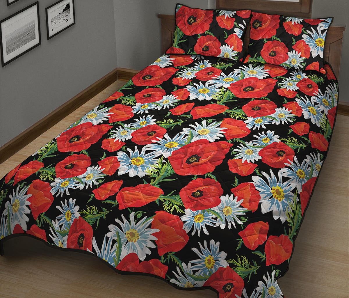Poppy And Chamomile Pattern Print Quilt Bed Set