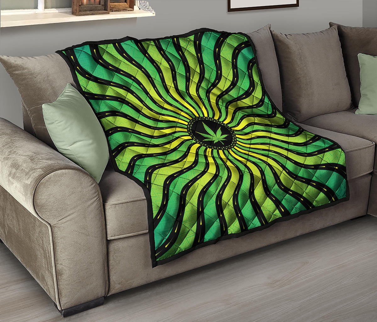 Psychedelic Cannabis Leaf Print Quilt