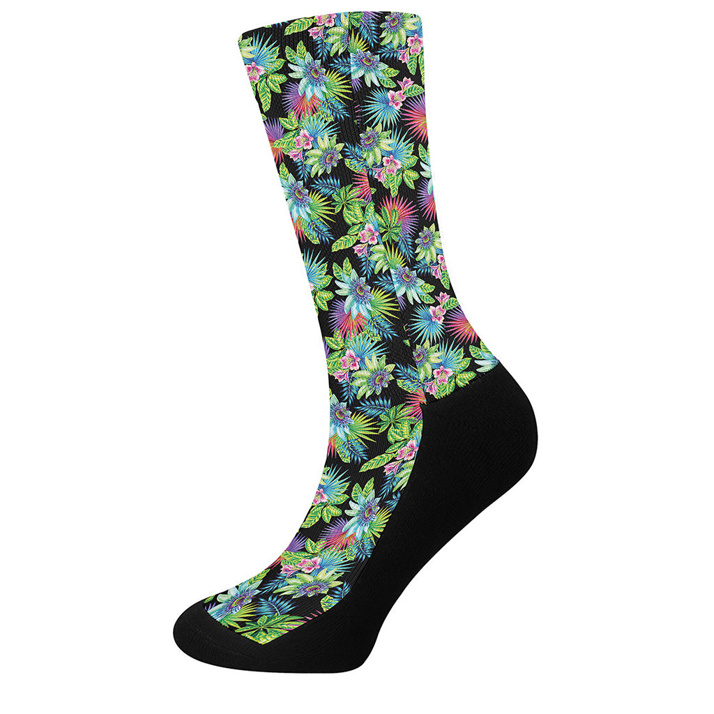 Psychedelic Hawaiian Flower Print Crew Socks