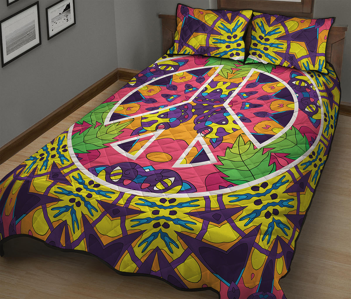 Psychedelic Hippie Peace Sign Print Quilt Bed Set